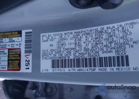 2012 Toyota Tacoma Base V6 z USA, uszkodzony, nr VIN 3TMLU4EN3CM089870